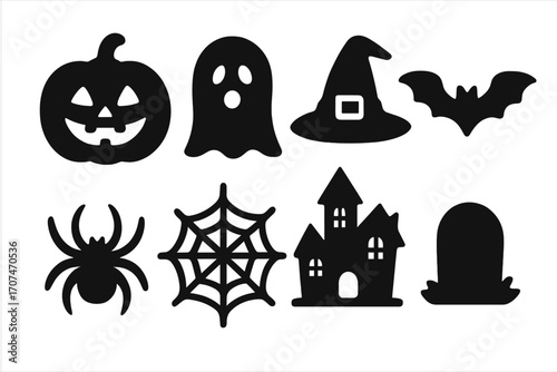 Halloween icon set silhouette collection. Vector graphic elements for spooky design. Jack o lantern, ghost, witch hat, bat, spider, haunted house and tombstone icons.