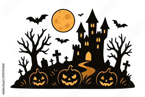 Halloween spooky background with haunted castle and cemetery. Vector silhouette of scary pumpkins, bats, and full moon. Cartoon horror landscape for holiday party invitation.