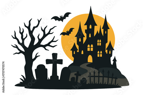 Halloween scary night background. Spooky haunted castle silhouette on a hill with full moon. Creepy cemetery with graves and a bare tree. Vector horror cartoon illustration.