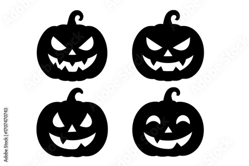 Set of black Halloween pumpkin silhouettes. Jack o lantern face icons collection. Spooky, scary and happy jackolantern expressions. Vector cartoon illustration for horror party.