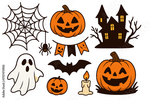 Cute Halloween vector illustration set. Collection of cartoon icons for party decoration: jack o'lantern pumpkin, ghost, haunted house, spider, bat. Spooky holiday design elements.