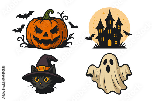 Halloween vector icon set. Spooky cartoon collection with Jack o'lantern pumpkin, haunted house, black cat in witch hat, ghost. Cute character illustrations for decoration.