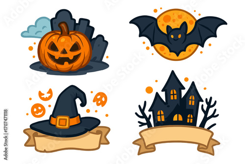 Halloween icon set vector cartoon collection. Spooky cute characters jack o lantern pumpkin, bat on full moon, witch hat, haunted house. Holiday party banner illustration.