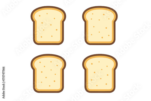 Set of sliced bread vector icons. White bread toast for sandwiches or breakfast. Simple flat cartoon illustration of bakery food product. Grain and carbohydrate meal element.