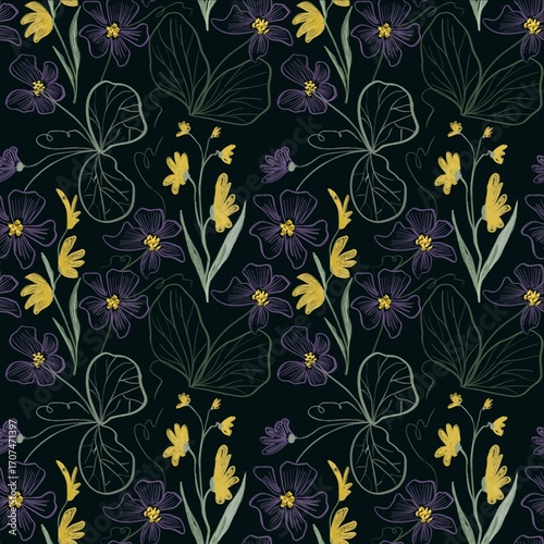 Colorful viola pansy flower meadow seamless pattern. Cute Garden wild Plant background for fashion, wallpapers, print. Many different flowers on the field. Liberty style millefleurs
