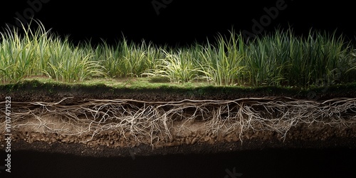 Sectional view showcasing tall grasses above ground and extensive root system beneath the soil, concept for environmental studies, ecological representation and agricultural research