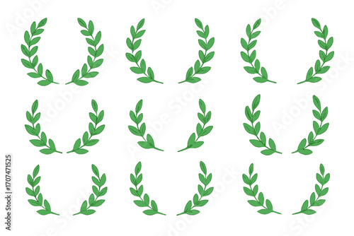 Laurel wreath icons set. Green foliate branches collection for victory, award, and success emblem. Vector illustration of Greek or Roman olive leaf circle frames. Winner symbol.