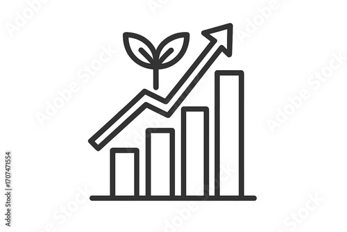 Growth chart icon with plant sprout. Green business, sustainable development concept. Financial success graph. Eco-friendly investment, economy increase diagram. Vector line logo.