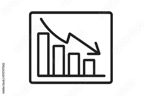 Loss chart icon with arrow going down. Business financial crisis concept. Bar graph showing decrease, failure, and recession. Vector diagram for data analysis and market decline.