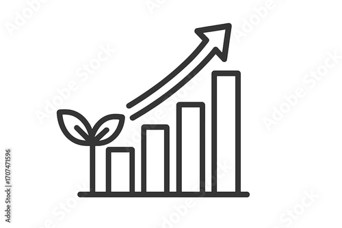 Growth chart icon with a plant. Sustainable business, green economy concept. Financial success and investment profit graph. Arrow up diagram for progress, development and ESG.