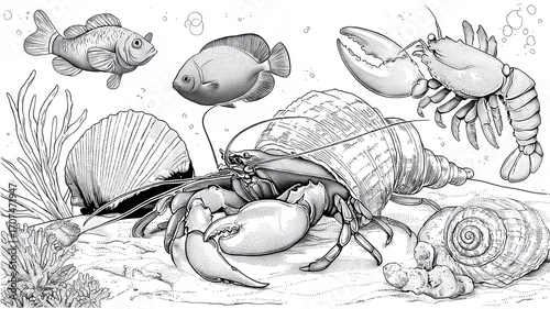 Obraz Kolorowanki dla dzieci – Zwierzęta morskie: delfin, żółw, rekin, krab, meduza i inne stworzenia oceanu do druku