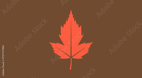 A stylized orange maple leaf with serrated edges, centered on a solid brown background. A minimalist and modern graphic icon representing Autumn and nature. Flat design illustration