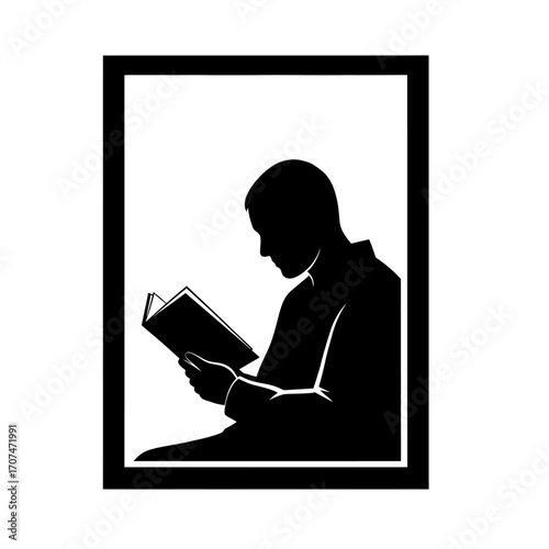 A black and white silhouette of a man sitting in profile and reading a book, enclosed within a black frame. A minimalist graphic icon representing knowledge, education, study, and solitude