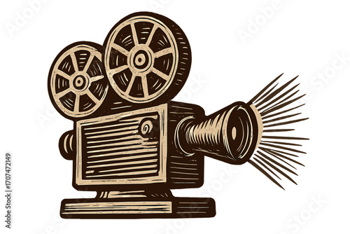 Retro movie projector vector illustration. Vintage film camera in hand-drawn woodcut style. Old cinema equipment for movie making, hollywood, and entertainment concepts.