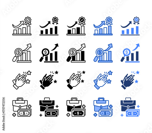 Performance award, Praise, Financial analysis, Business income, multiple style icon set.
