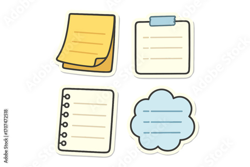 Cute paper sticker set. Blank reminder list and memo notes. Vector cartoon illustration of sticky note pad, notebook page, and message bubbles for journaling or planning.