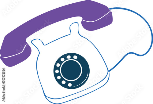 Retro rotary dial telephone with purple handset and white body illustration
