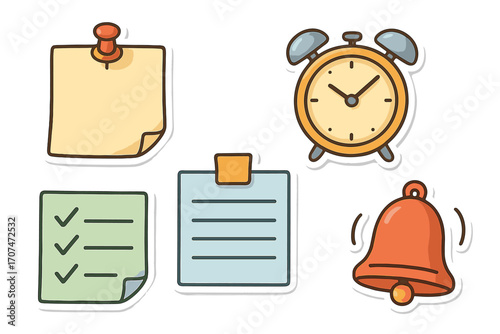 Reminder paper sticker set. Time management and organization concept. Vector cartoon illustration with alarm clock, to-do list, bell notification, pushpin and sticky note.