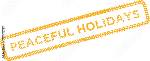 A diagonally positioned, gold stamp announces Peaceful Holidays with a white polka dot pattern