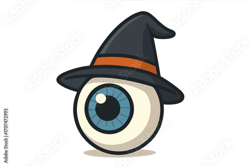 Halloween eyeball in a black witch hat. Spooky monster eye character for horror design. Magic wizard or sorcerer concept. Creepy vector cartoon illustration with a shadow.