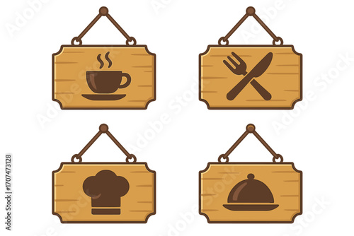 Restaurant & coffee shop wooden signboard icon set. Hanging signs for cafe & bistro with food symbols. Vector cartoon illustration of chef hat, cutlery, & coffee cup.