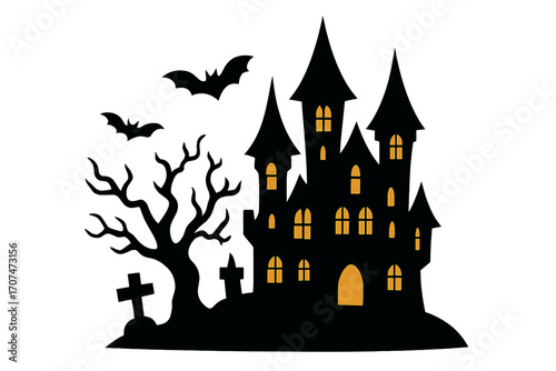 Haunted house silhouette. Spooky castle for Halloween. Gothic horror landscape with scary tree, bats and cemetery. Dark night mystery vector. Dracula palace illustration.