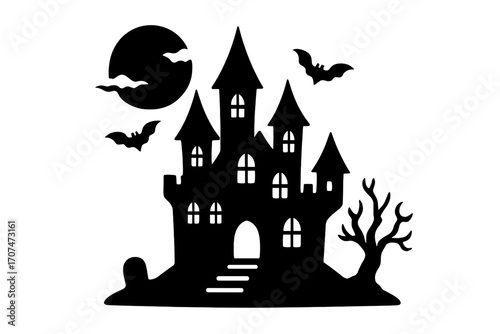 Haunted castle silhouette for Halloween. Spooky horror house icon. Scary gothic palace with bats and full moon at night. Dark creepy fairytale vampire mansion vector.