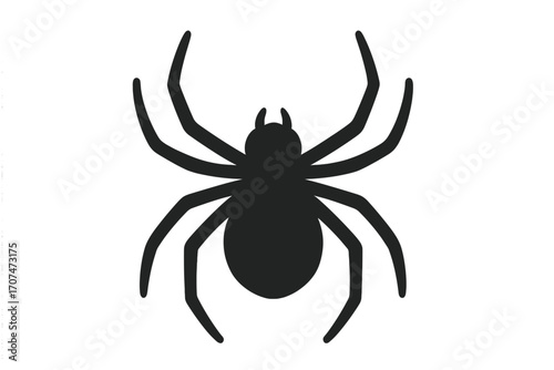 Spider icon silhouette vector graphic. Creepy arachnid logo. Halloween decoration element. Black danger sign. Phobia concept design. Simple flat tarantula shape isolated.