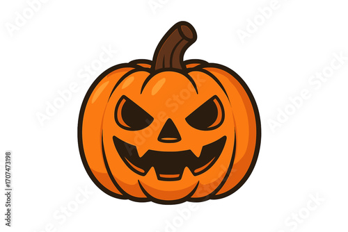 Jack o lantern Halloween pumpkin with a scary evil face. Spooky autumn holiday cartoon vector illustration. Creepy decoration element. Carved gourd symbol icon isolated.