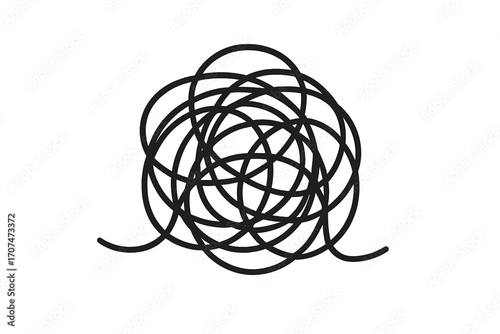 Confused thoughts as a tangled line. Chaos and confusion icon. Brainstorming, problem and solution metaphor. Vector for psychology, mental health, anxiety, stress, depression. Confused thoughts as a tangled line. Chaos and confusion icon. Brainstorming, problem and solution metaphor. Vector for psychology, mental health, anxiety, stress, depression.