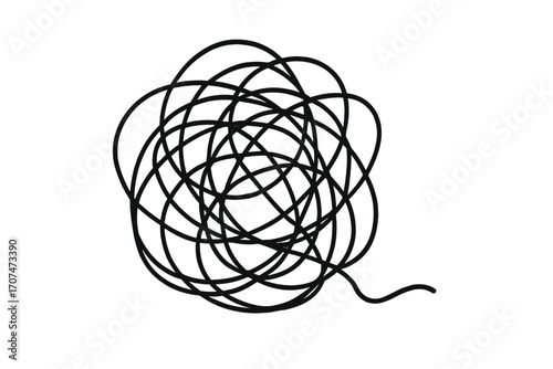 Concept of chaos and order. Tangled and untangled thread. Complex problem solving. Psychology metaphor for anxiety, stress, confusion, messy thoughts. Unraveling.