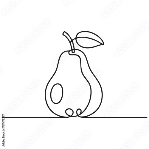 Continuous Simple black line art drawing of a pear in a minimalist style on a white background.