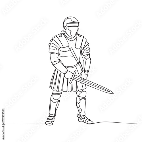 Continuous Simple black line art drawing of a spartan worrior in a minimalist style on a white background.