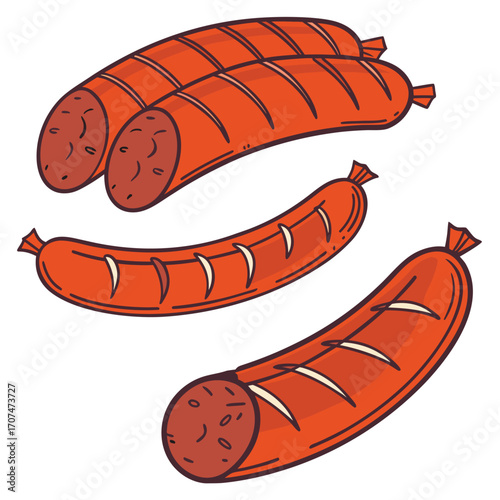 Three Grilled Sausages with Grill Marks and Cut Sausage on White Background Keywords: sausages, grilled