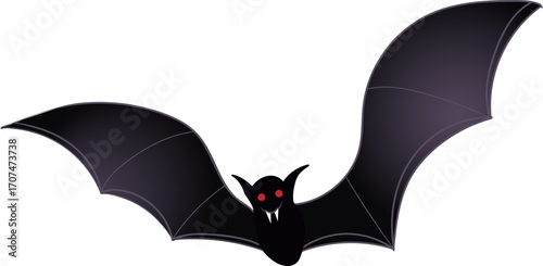 A stylized, spooky bat clip art with a dark body, large red eyes, and pointy fangs. The bat is flying with its wings spread, perfect for Halloween designs or decorations.