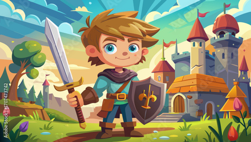 Young knight boy with a wooden sword beside a playful castle illustration, radiating courage and childlike fantasy in a charming setting.