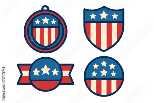 USA patriotic badges and emblems set. American flag shield, medal, and banner icons. Flat vector illustration for 4th of July, Memorial Day, and election. Vintage retro design.