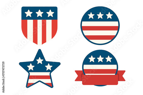 USA patriotic badge set with American flag elements. Vector icons in flat style. Shield, star, circle, and ribbon banner shapes. National symbols for 4th of July celebration.