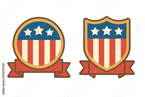USA patriotic badge set. American flag emblem with stars and stripes. Retro shield and circle symbol with blank ribbon banner for 4th of July, Memorial Day, and elections.
