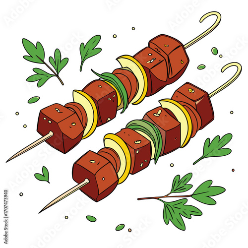 Two meat skewers with onions and parsley garnish on white background kebab kebabs