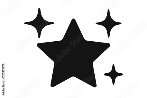 Star icon with sparkles. Symbol of quality, success, and achievement. Vector illustration for rating or favorite. Black silhouette shape. Magic, shine, twinkle, and glitter effect.