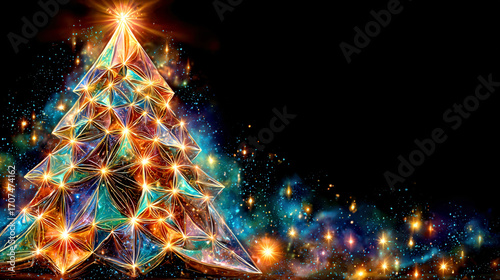 Luminous Abstract Christmas Tree on Starry Night Background with Colorful Lights. Christmas or New Year concept