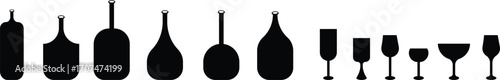 Wine bottle and glass icon set collection group in black flat style, alcohol beverage liquor drink pack, bar pub celebration symbol bundle, silhouette outline illustration, isolated on transparent bac