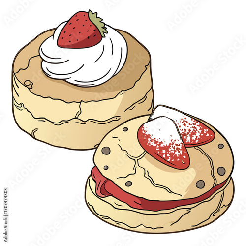 Two Strawberry Cream Scones with Powdered Sugar and Jam Keywords: scone, scones, strawberry, cream, jam