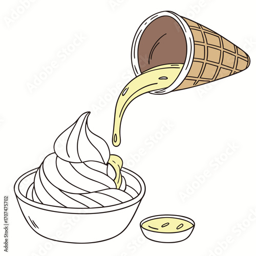Vanilla Soft Serve Ice Cream Being Poured From Cone Into Bowl Keywords: ice cream, soft serve, cone