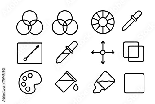 Color Theory Icons. Outline icon set of Color theory and mixing: primary colors, secondary colors, color wheel