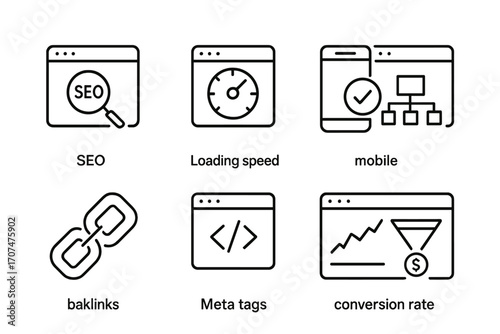 Website Optimization Icons. Outline icon set of Website optimization: SEO, loading speed, mobile optimization,