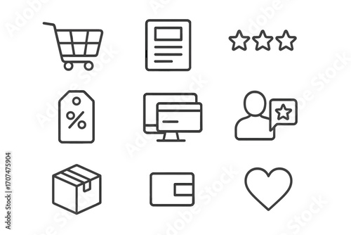 Online Marketplace Icons. Outline icon set of Online marketplaces: shopping cart, product listing, rating