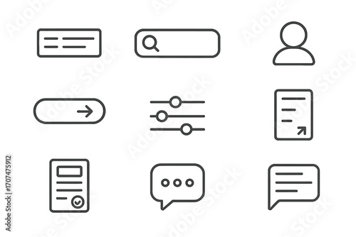 UI Icon Set. Outline icon set of User experience and interface: navigation menu, search bar, profile icon,