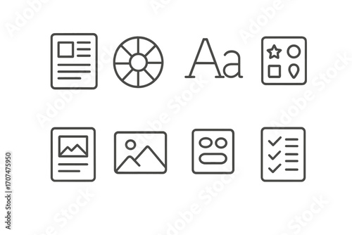 Brand Tool Icons. Outline icon set of Brand consistency tools: style guide, color wheel, font set, icon pack,